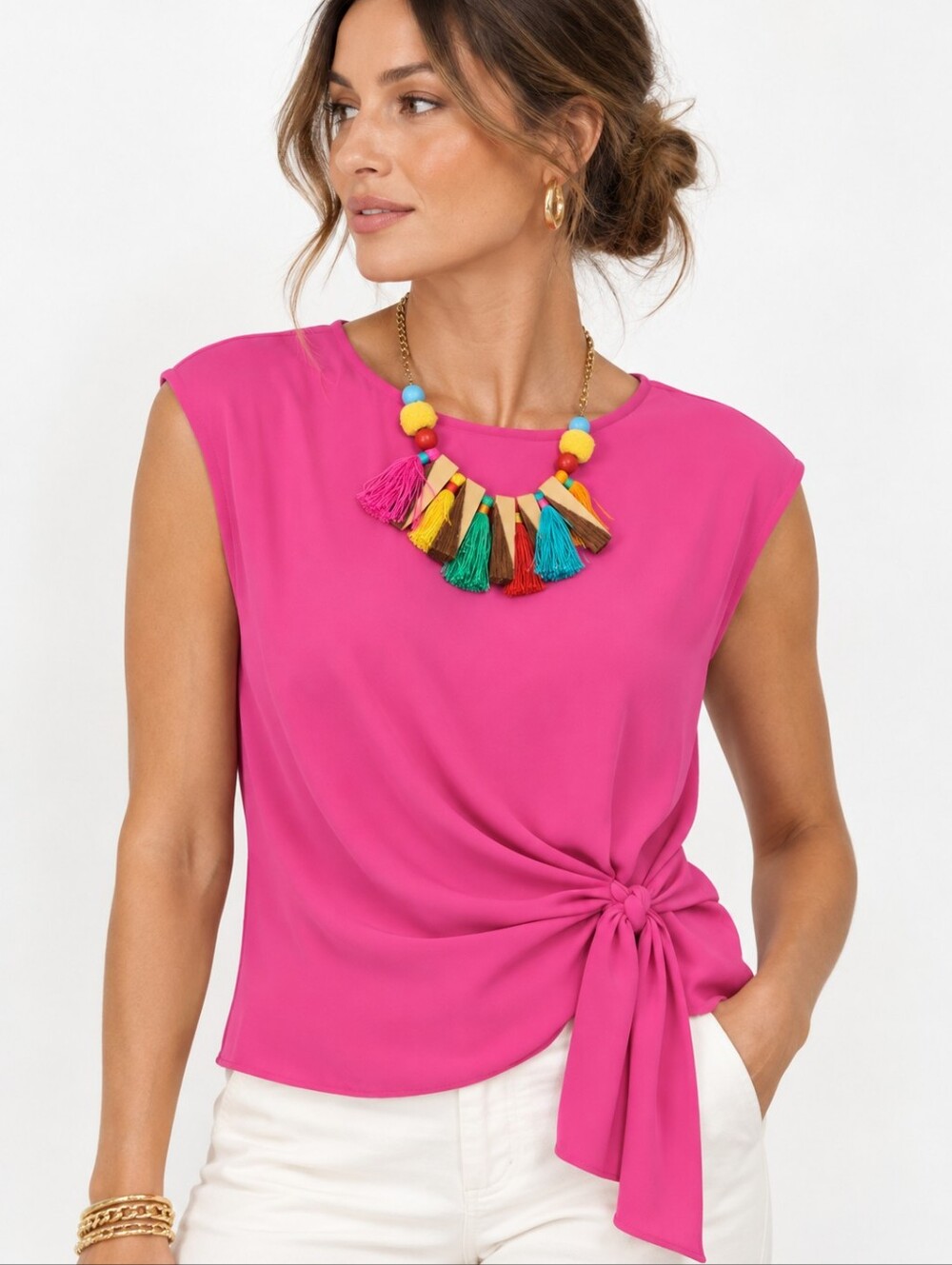 Statement Necklace Tassel With Two Tone Wood Pieces Vibrant Colors
